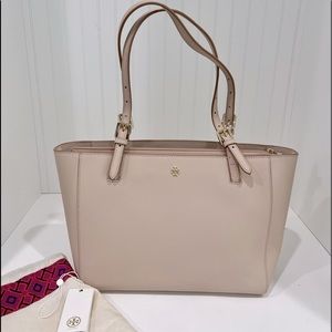 Tory Burch York Tote, small. Color Light Oak, which is a light pinkish nude.